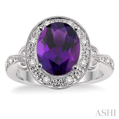 10x8mm Oval Cut Amethyst and 1/6 Ctw Round Cut Diamond Semi Precious Ring in 14K White Gold