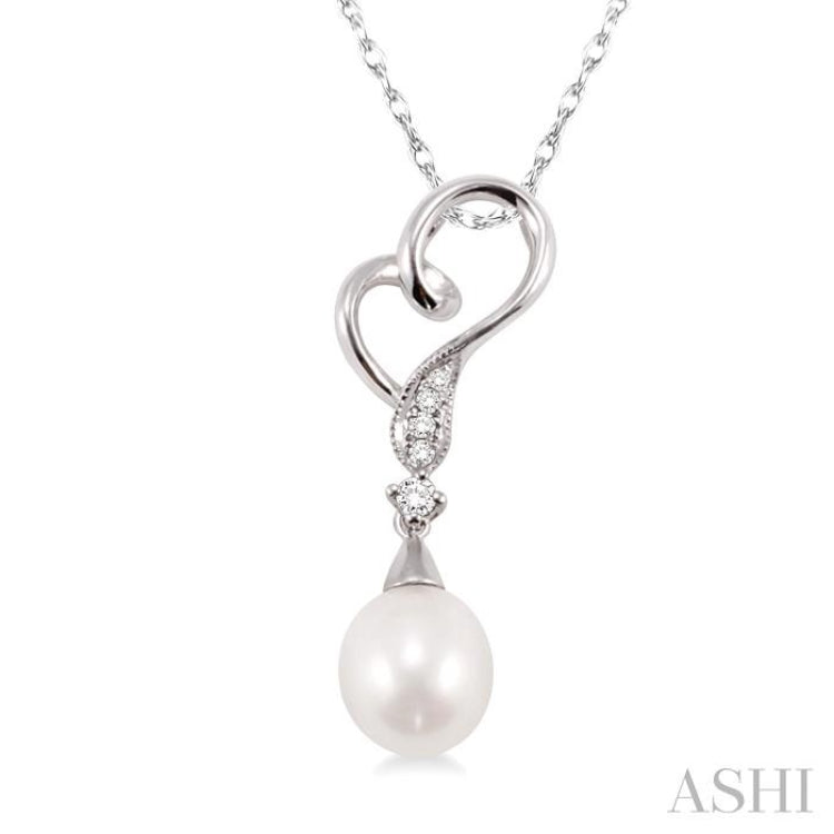 9x7MM Briolette Cut Cultured Pearl and 1/20 Ctw Round Cut Diamond Drop Pendant in 10K White Gold with Chain