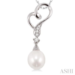 9x7MM Briolette Cut Cultured Pearl and 1/20 Ctw Round Cut Diamond Drop Pendant in 10K White Gold with Chain