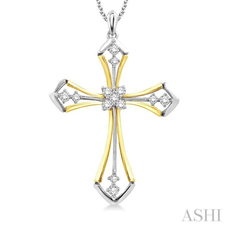 1/3 Ctw Round Cut Diamond Cross Pendant in 14K Yellow and White Gold With Chain