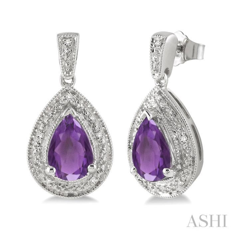 9x6 MM Pear Shape Amethyst and 1/20 Ctw Single Cut Diamond Earrings in Sterling Silver