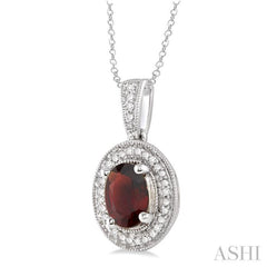 8x6 MM Oval Cut Garnet and 1/20 Ctw Single Cut Diamond Pendant in Sterling Silver with Chain