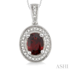 8x6 MM Oval Cut Garnet and 1/20 Ctw Single Cut Diamond Pendant in Sterling Silver with Chain