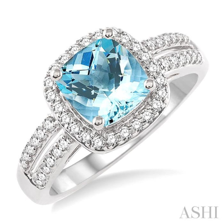 7x7 mm Cushion Shape Aquamarine and 1/3 Ctw Round Cut Diamond Ring in 14K White Gold