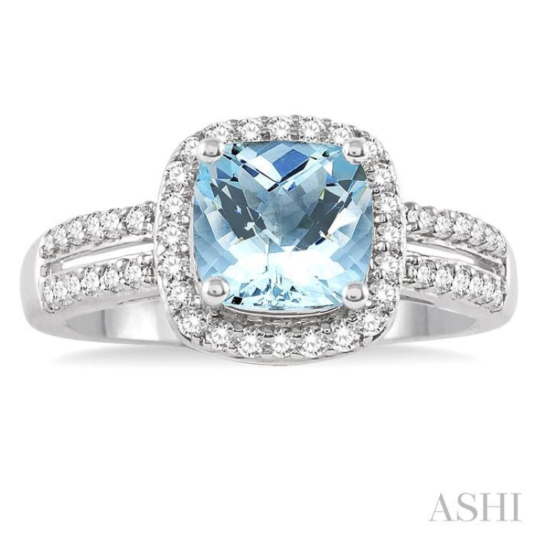 7x7 mm Cushion Shape Aquamarine and 1/3 Ctw Round Cut Diamond Ring in 14K White Gold