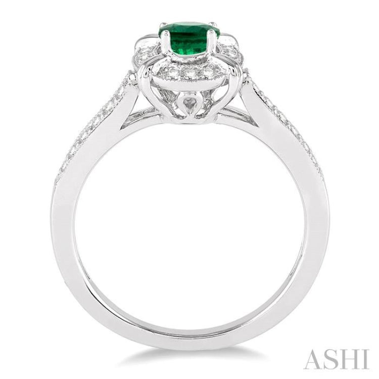 6x4 MM Oval Shape Emerald and 1/6 Ctw Single Cut Diamond Ring in 10K White Gold