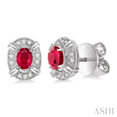 5x3 MM Oval Cut Ruby and 1/10 Ctw Single Cut Diamond Earrings in 10K White Gold