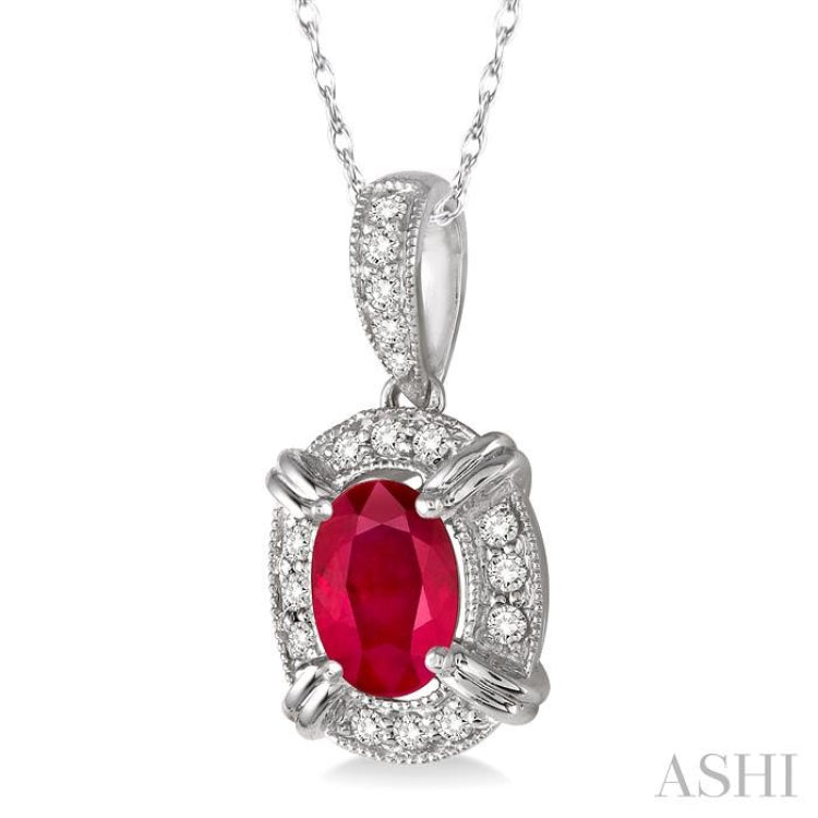 6x4 MM Oval Cut Ruby and 1/10 Ctw Single Cut Diamond Pendant in 10K White Gold with Chain