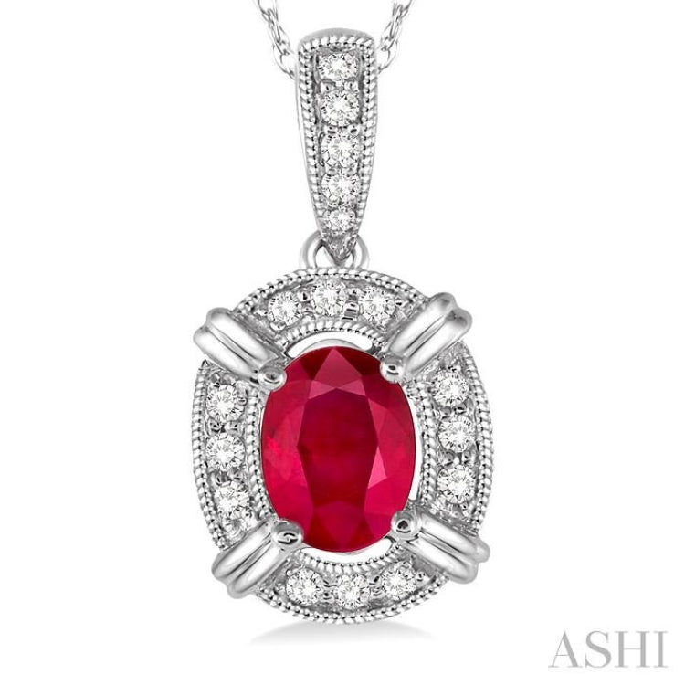 6x4 MM Oval Cut Ruby and 1/10 Ctw Single Cut Diamond Pendant in 10K White Gold with Chain