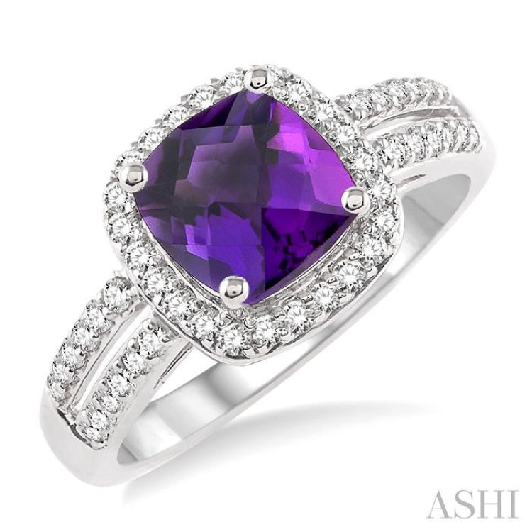 7x7  MM Cushion Shape Amethyst and 1/3 Ctw Round Cut Diamond Ring in 14K White Gold