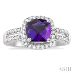 7x7  MM Cushion Shape Amethyst and 1/3 Ctw Round Cut Diamond Ring in 14K White Gold