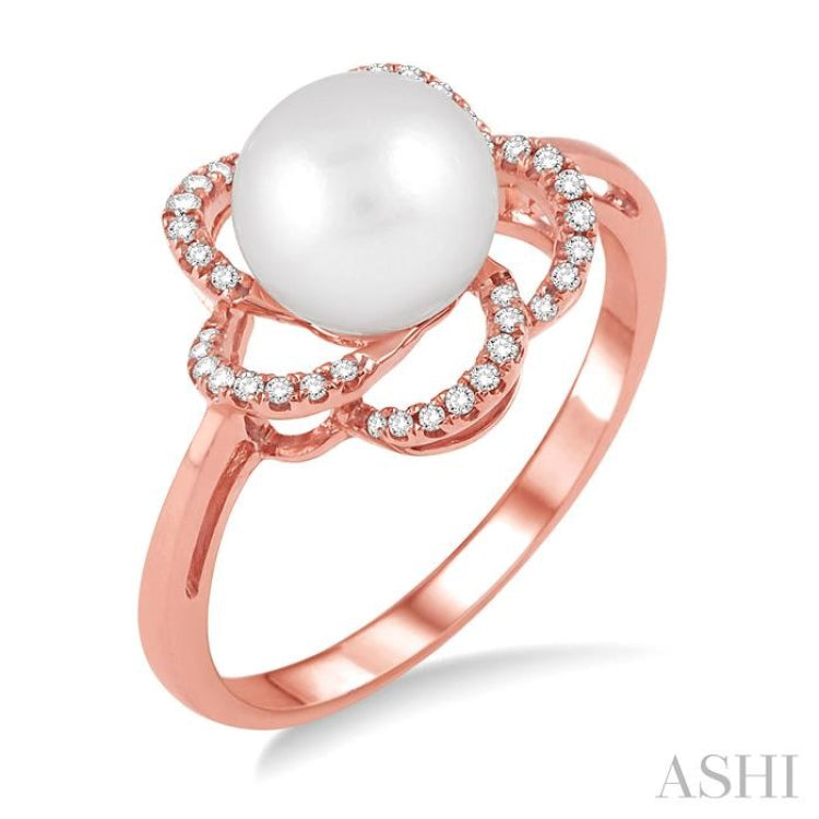 7MM Cultured Pearl and 1/10 Ctw Single Cut Diamond Ring in 14K Rose Gold