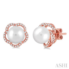 7MM Cultured Pearls and 1/5 Ctw Single Cut Diamond Earrings in 14K Rose Gold