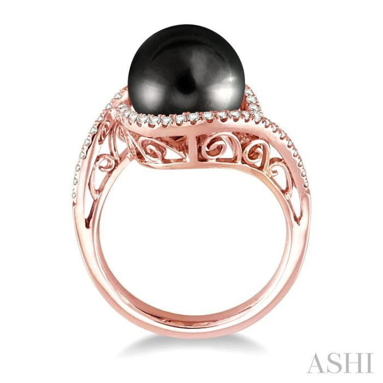 11x11MM Black Cultured Pearl and 1/3 Ctw Round Cut Diamond Ring in 14K Rose Gold