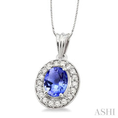 8x6 MM Oval Cut Tanzanite and 1/3 Ctw Round Cut Diamond Pendant in 14K White Gold with Chain