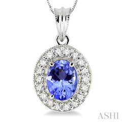 8x6 MM Oval Cut Tanzanite and 1/3 Ctw Round Cut Diamond Pendant in 14K White Gold with Chain