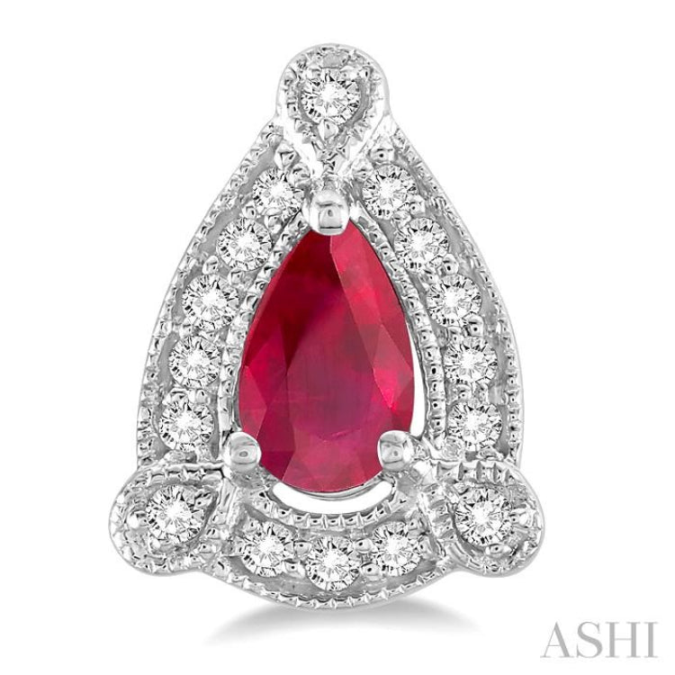 5x3 MM Pear Shape Ruby and 1/6 Ctw Round Cut Diamond Earrings in 14K White Gold