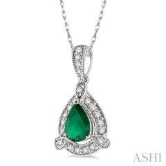 6x4  MM Pear Shape Emerald and 1/10 Ctw Round Cut Diamond Pendant in 14K White Gold with Chain