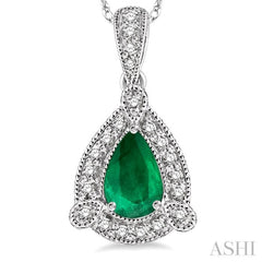 6x4  MM Pear Shape Emerald and 1/10 Ctw Round Cut Diamond Pendant in 14K White Gold with Chain