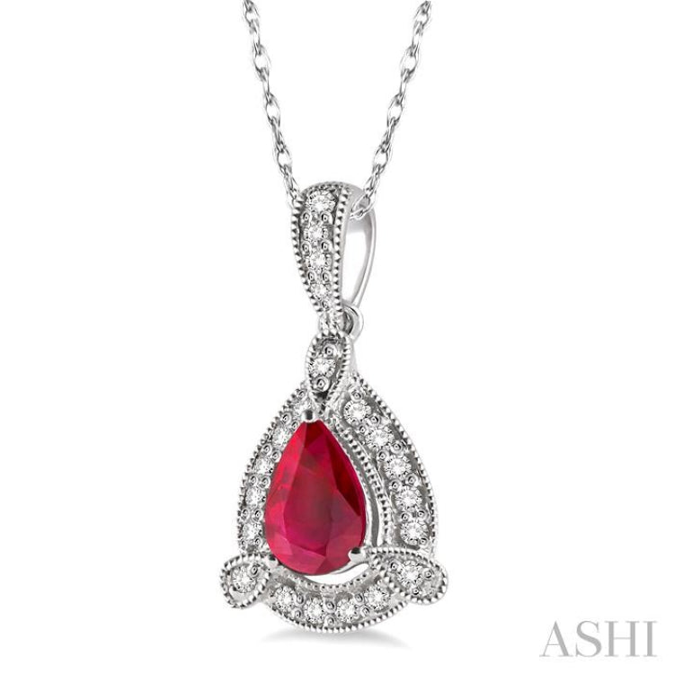 6x4  MM Pear Shape Ruby and 1/10 Ctw Round Cut Diamond Pendant in 14K White Gold with Chain