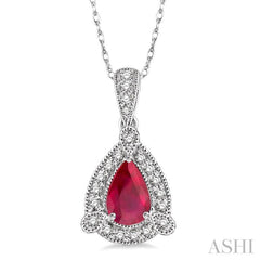 6x4  MM Pear Shape Ruby and 1/10 Ctw Round Cut Diamond Pendant in 10K White Gold with Chain