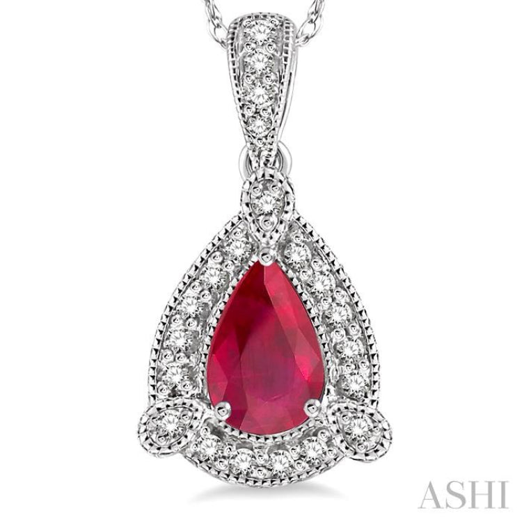 6x4  MM Pear Shape Ruby and 1/10 Ctw Round Cut Diamond Pendant in 10K White Gold with Chain