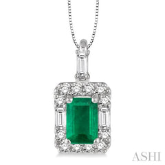 6x4 MM Octagon Cut Emerald and 1/3 Ctw Round Cut Diamond Precious Pendant in 14K White Gold with Chain