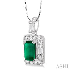 6x4 MM Octagon Cut Emerald and 1/3 Ctw Round Cut Diamond Precious Pendant in 14K White Gold with Chain