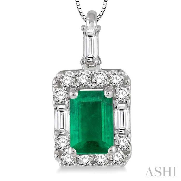 6x4 MM Octagon Cut Emerald and 1/3 Ctw Round Cut Diamond Precious Pendant in 14K White Gold with Chain