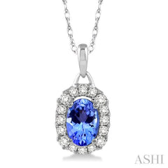 6x4 MM Oval Cut Tanzanite and 1/6 Ctw Round Cut Diamond Precious Pendant in 14K White Gold with Chain