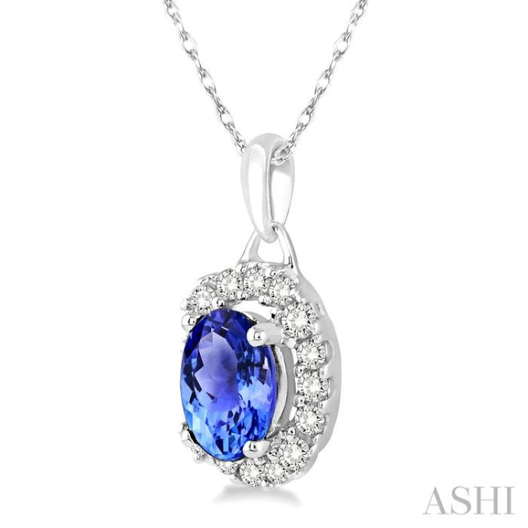 6x4 MM Oval Cut Tanzanite and 1/6 Ctw Round Cut Diamond Precious Pendant in 14K White Gold with Chain