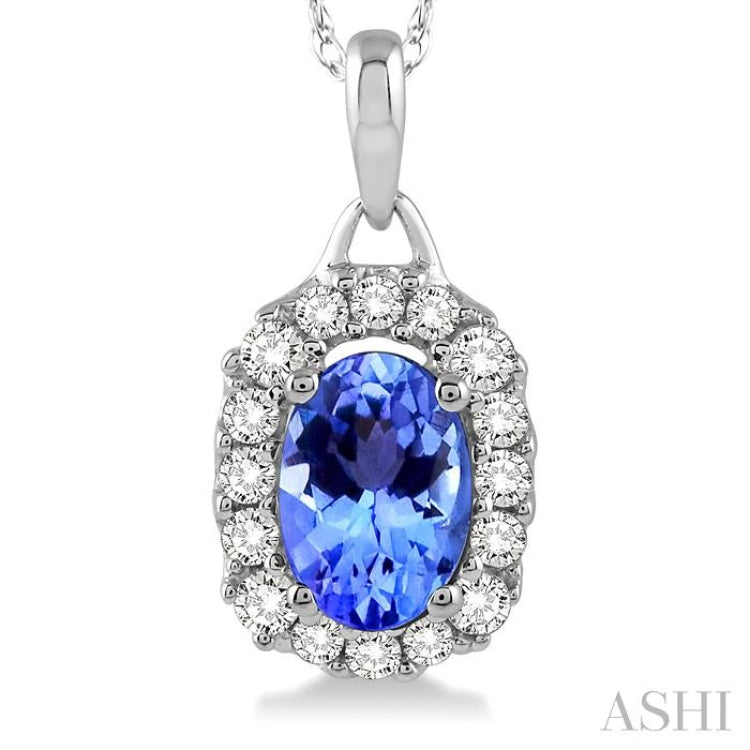 6x4 MM Oval Cut Tanzanite and 1/6 Ctw Round Cut Diamond Precious Pendant in 14K White Gold with Chain