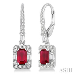 5x3 MM Octagon Cut Ruby and 1/2 Ctw Round Cut Diamond Precious Earrings in 14K White Gold