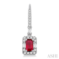 5x3 MM Octagon Cut Ruby and 1/2 Ctw Round Cut Diamond Precious Earrings in 14K White Gold