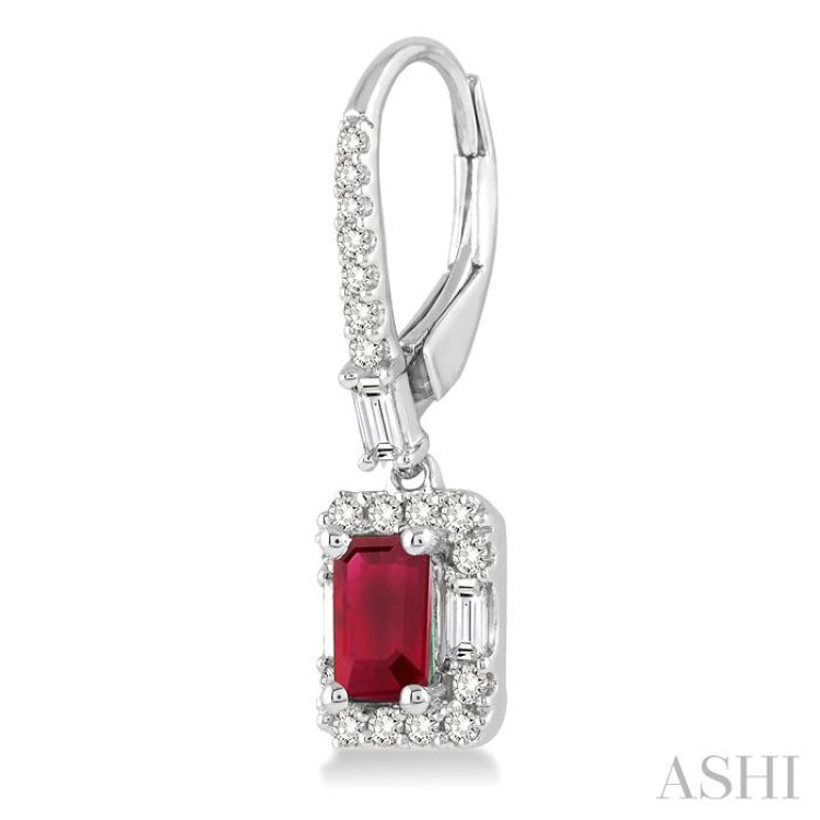 5x3 MM Octagon Cut Ruby and 1/2 Ctw Round Cut Diamond Precious Earrings in 14K White Gold