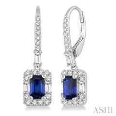 5x3 MM Octagon Cut Sapphire and 1/2 Ctw Round Cut Diamond Precious Earrings in 14K White Gold