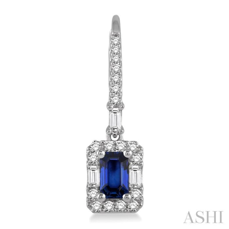 5x3 MM Octagon Cut Sapphire and 1/2 Ctw Round Cut Diamond Precious Earrings in 14K White Gold