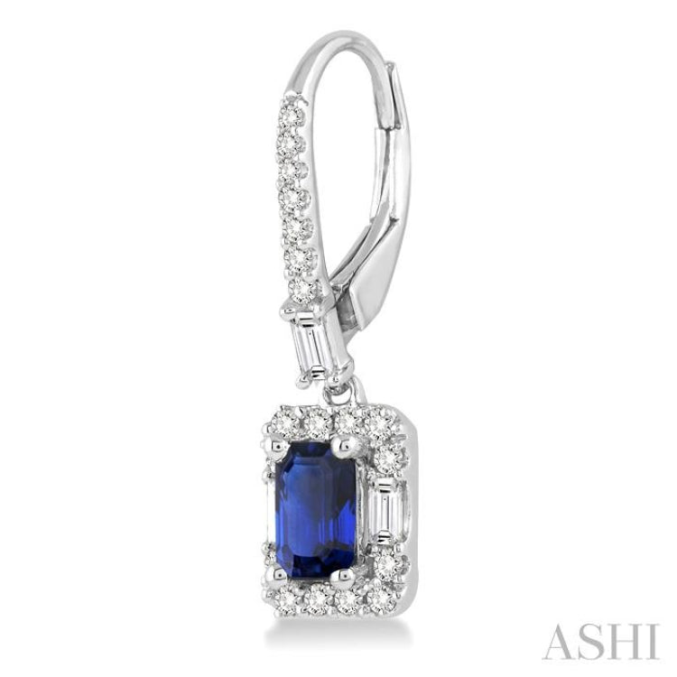 5x3 MM Octagon Cut Sapphire and 1/2 Ctw Round Cut Diamond Precious Earrings in 14K White Gold