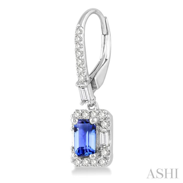 5x3 MM Octagon Cut Tanzanite and 1/2 Ctw Round Cut Diamond Precious Earrings in 14K White Gold