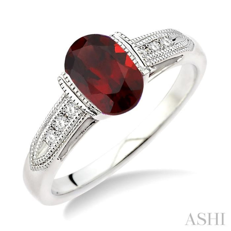 8x6  MM Oval Cut Garnet and 1/20 Ctw Single Cut Diamond Ring in Sterling Silver