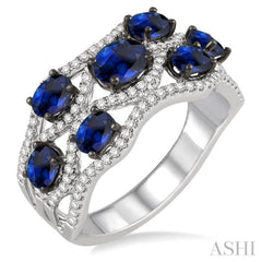 5x4 MM Oval Cut Sapphire, 4x3 MM Oval Cut Sapphire and 1/2 Ctw Round Cut Diamond Precious Ring in 14K White Gold