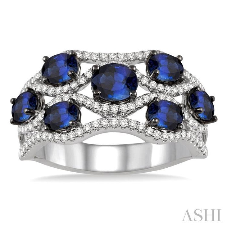 5x4 MM Oval Cut Sapphire, 4x3 MM Oval Cut Sapphire and 1/2 Ctw Round Cut Diamond Precious Ring in 14K White Gold