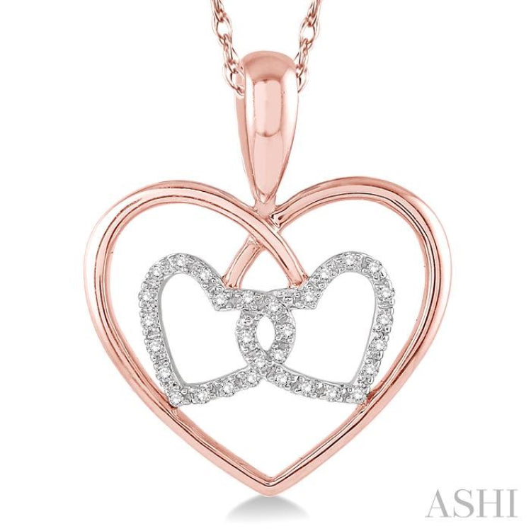 1/10 Ctw Round Cut Diamond Twin Heart Pendant in 10K Rose and White Gold with Chain