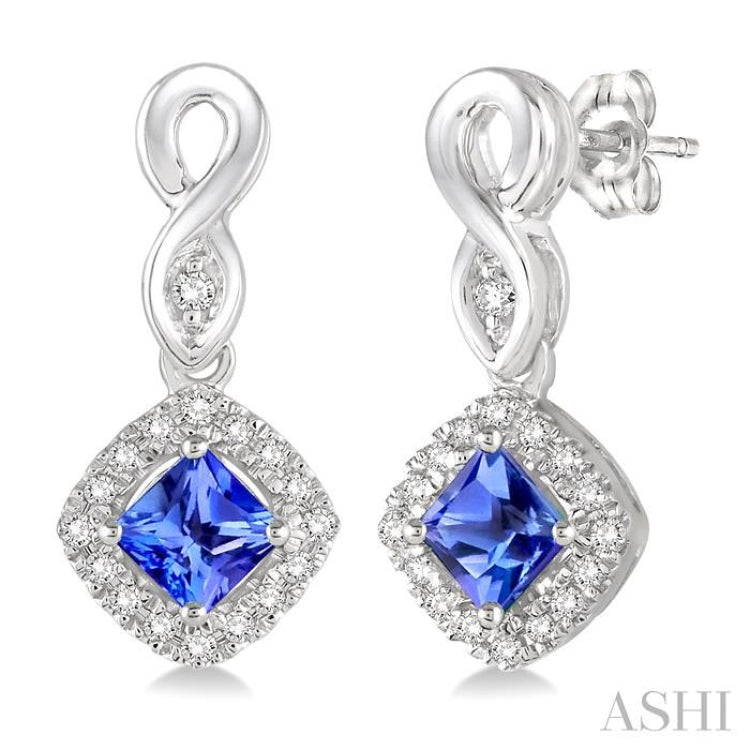 4x4 MM Cushion Shape Tanzanite and 1/5 Ctw Round Cut Diamond Earrings in 14K White Gold