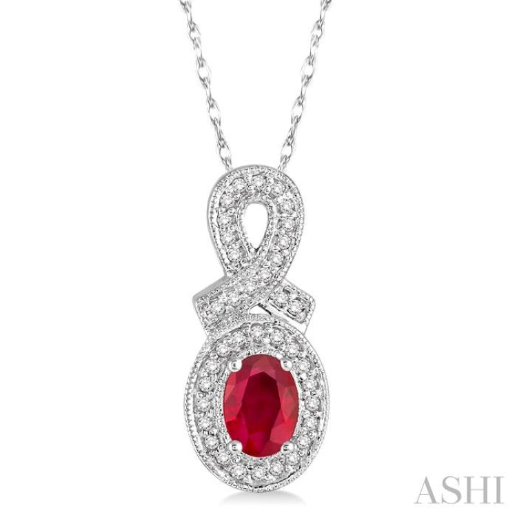 6x4 MM Oval Cut Ruby and 1/5 Ctw Round Cut Diamond Pendant in 10K White Gold with Chain