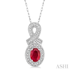 6x4 MM Oval Cut Ruby and 1/5 Ctw Round Cut Diamond Pendant in 10K White Gold with Chain