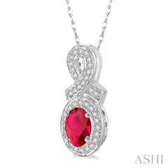 6x4 MM Oval Cut Ruby and 1/5 Ctw Round Cut Diamond Pendant in 10K White Gold with Chain