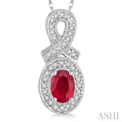 6x4 MM Oval Cut Ruby and 1/5 Ctw Round Cut Diamond Pendant in 10K White Gold with Chain