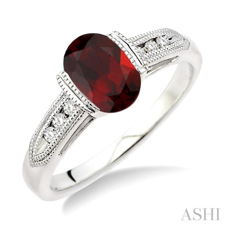 8x6 MM Oval Shape Garnet and 1/10 Ctw Diamond Ring in 14K White Gold