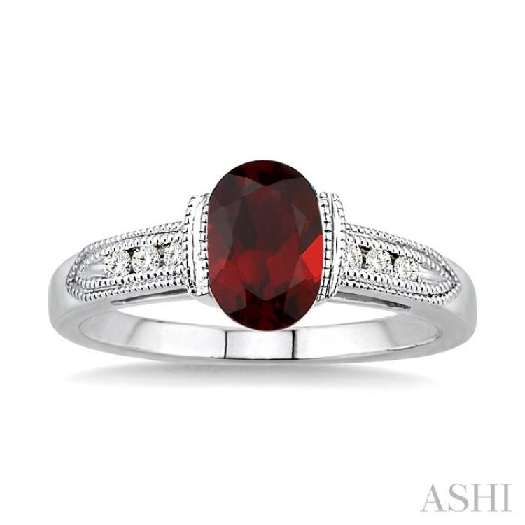 8x6 MM Oval Shape Garnet and 1/10 Ctw Diamond Ring in 14K White Gold